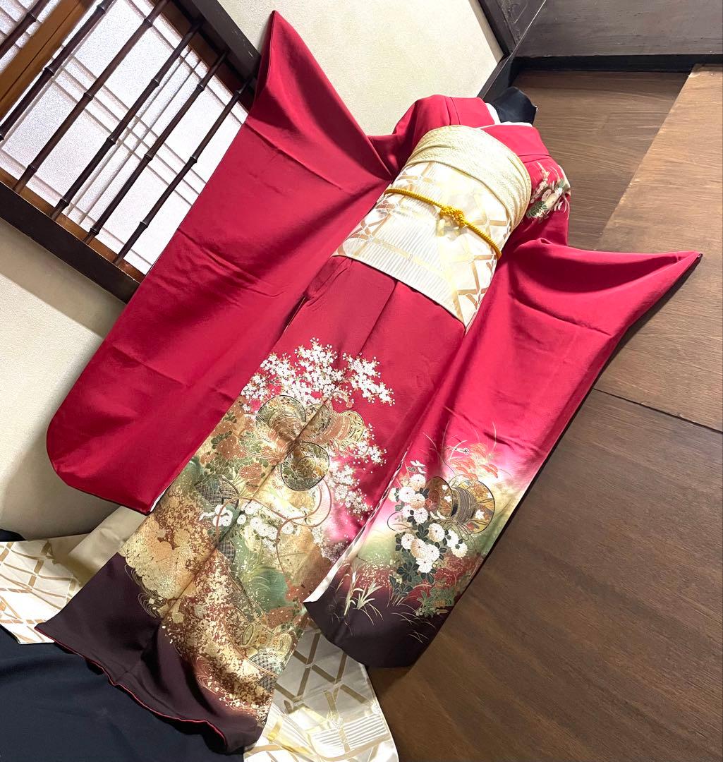 振袖フルセット6点サイズM〜Ｌ糸巻き花文　暈し染め　金彩　正絹