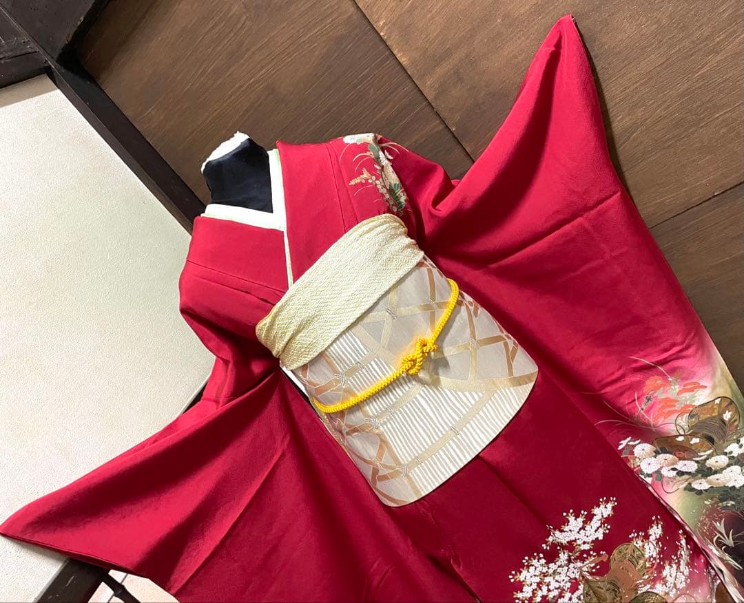 振袖フルセット6点サイズM〜Ｌ糸巻き花文　暈し染め　金彩　正絹