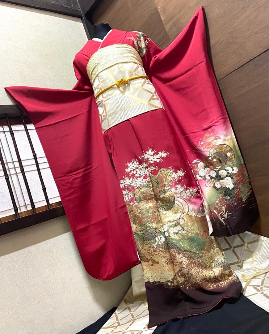 振袖フルセット6点サイズM〜Ｌ糸巻き花文　暈し染め　金彩　正絹