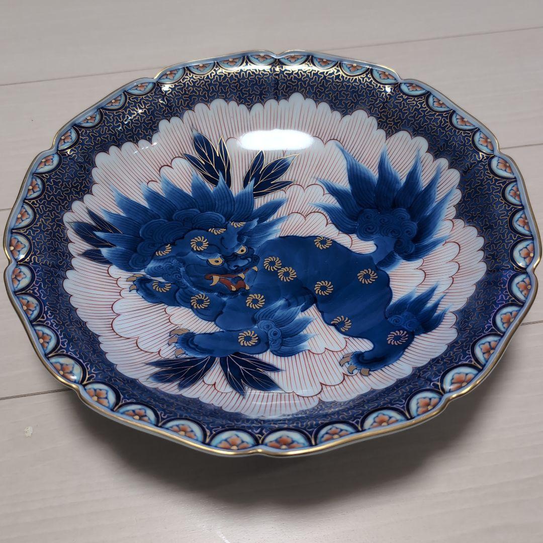 深川製磁 獅子の大皿 宮内庁御用達 青と白の八角形皿