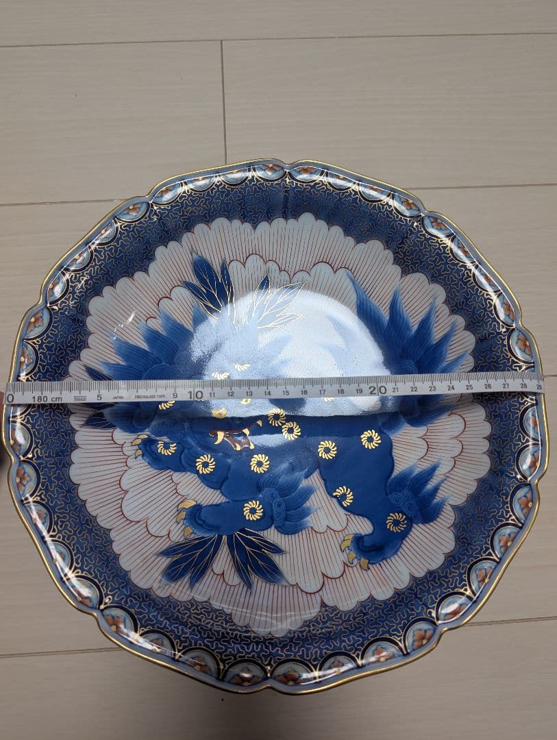 深川製磁 獅子の大皿 宮内庁御用達 青と白の八角形皿