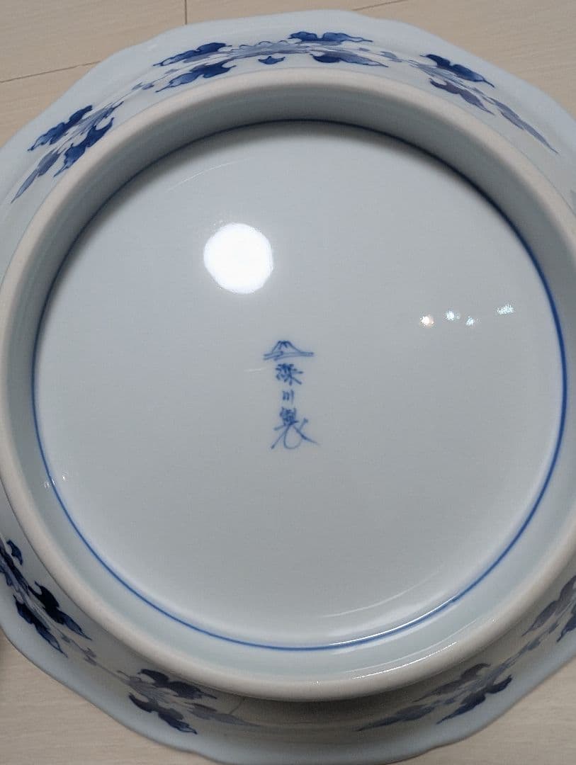 深川製磁 獅子の大皿 宮内庁御用達 青と白の八角形皿