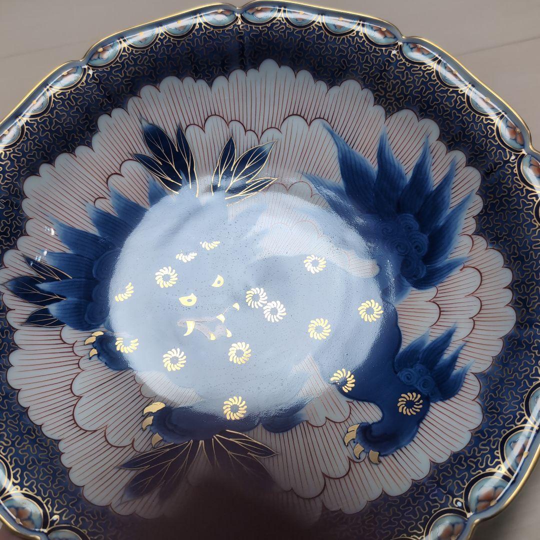 深川製磁 獅子の大皿 宮内庁御用達 青と白の八角形皿