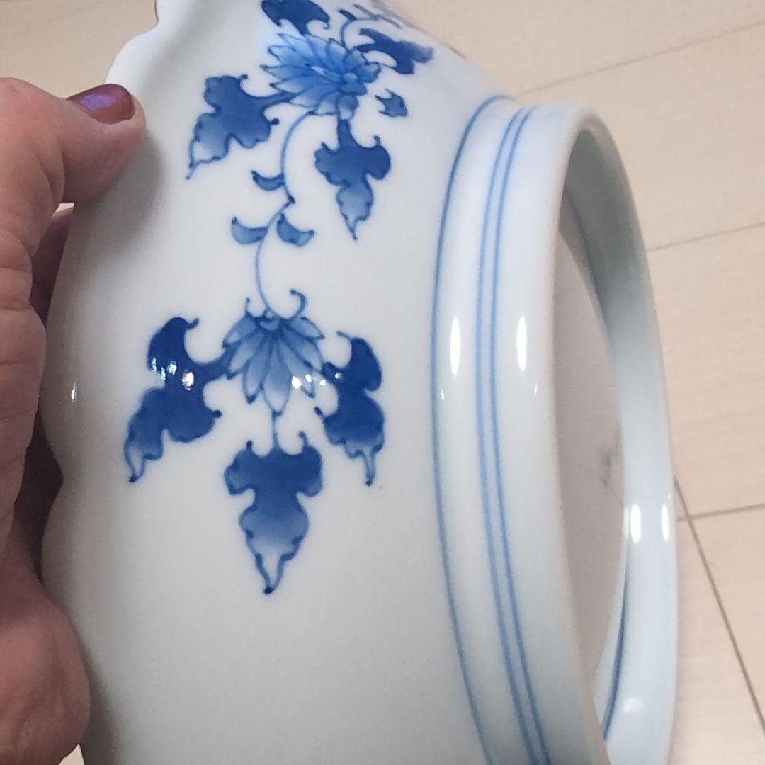 深川製磁 獅子の大皿 宮内庁御用達 青と白の八角形皿