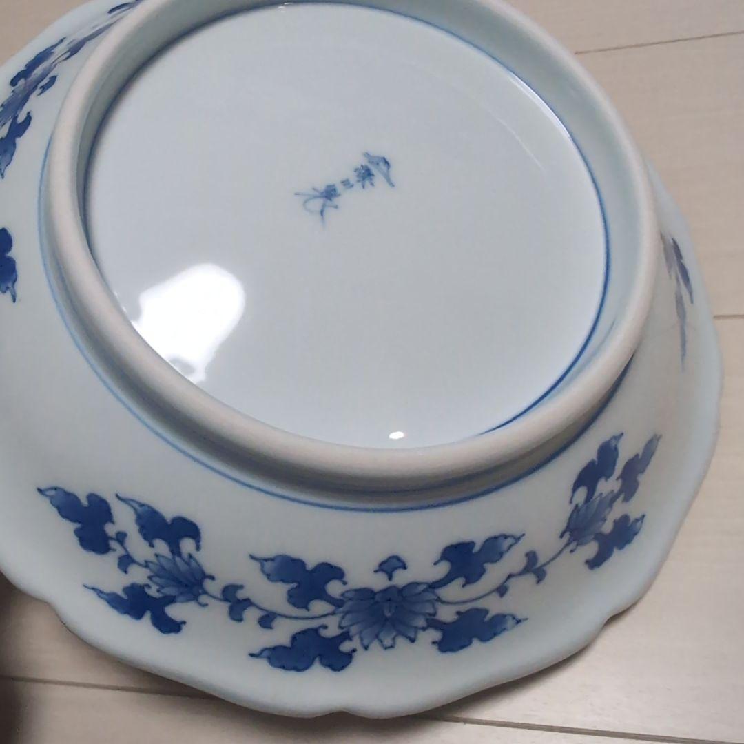 深川製磁 獅子の大皿 宮内庁御用達 青と白の八角形皿