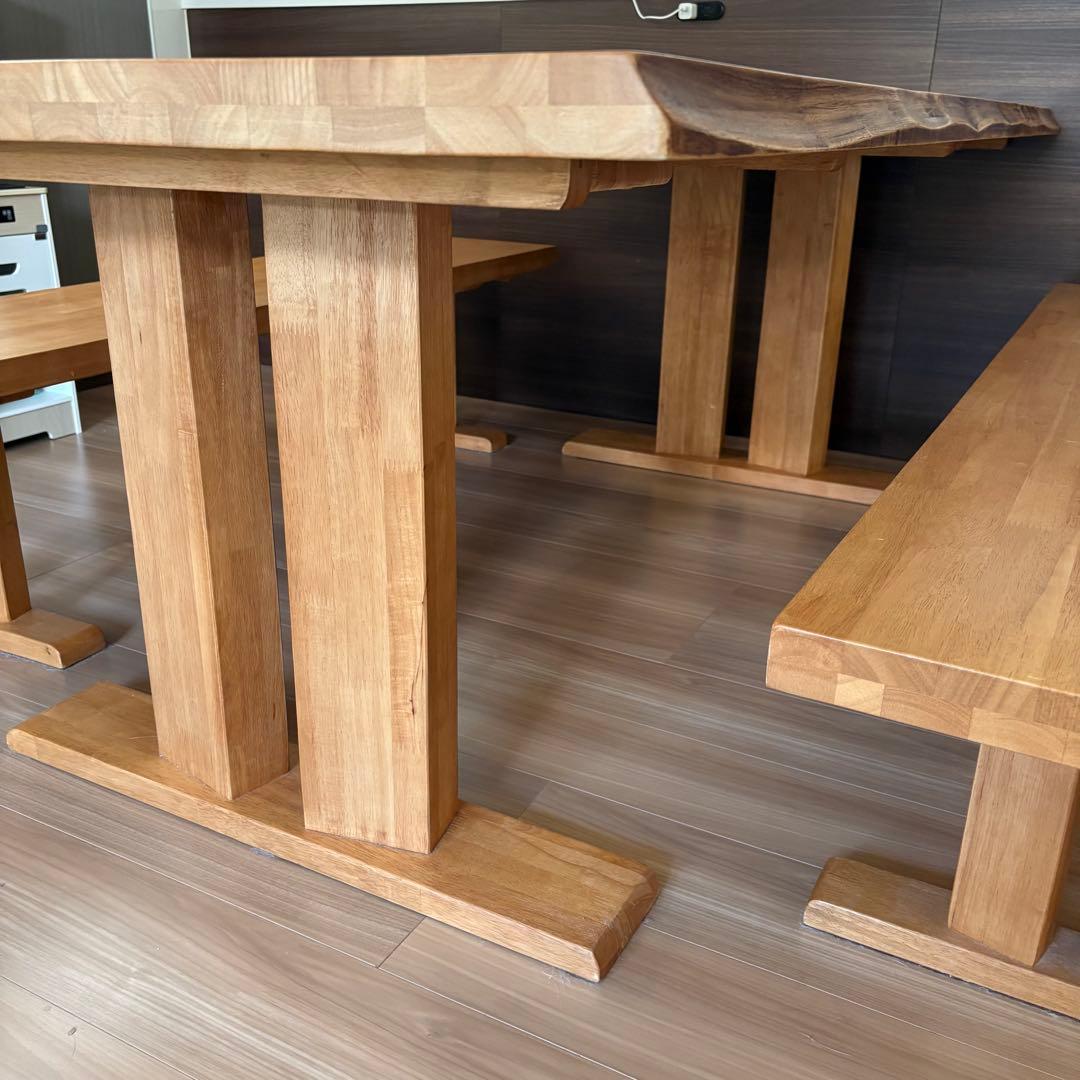 松田家具 天然木 白王ダイニングテーブル ベンチイス 3点セット