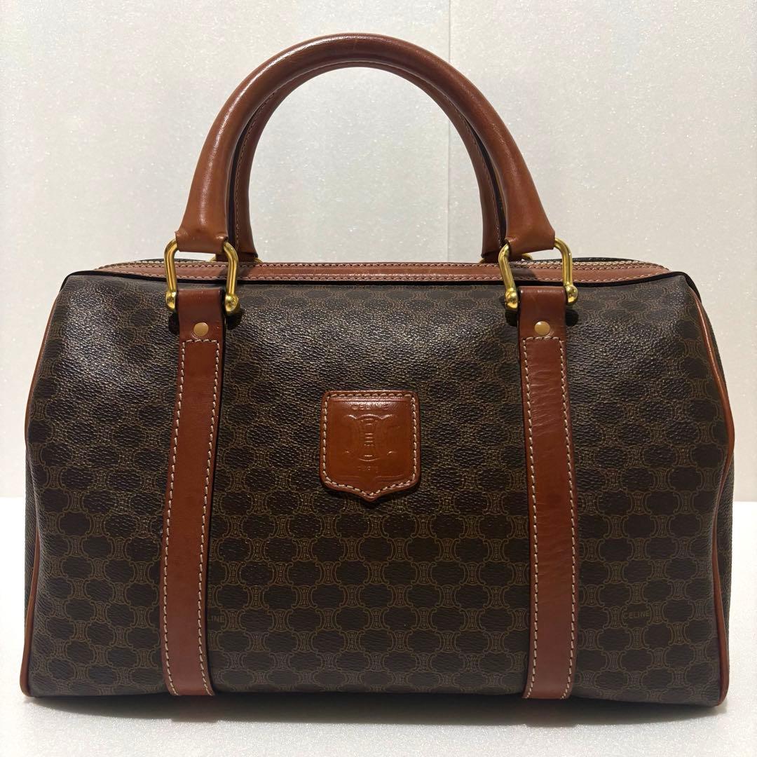 セリーヌ マカダム柄 ボストンバッグ PVC レザー ブラウン　ヴィンテージ