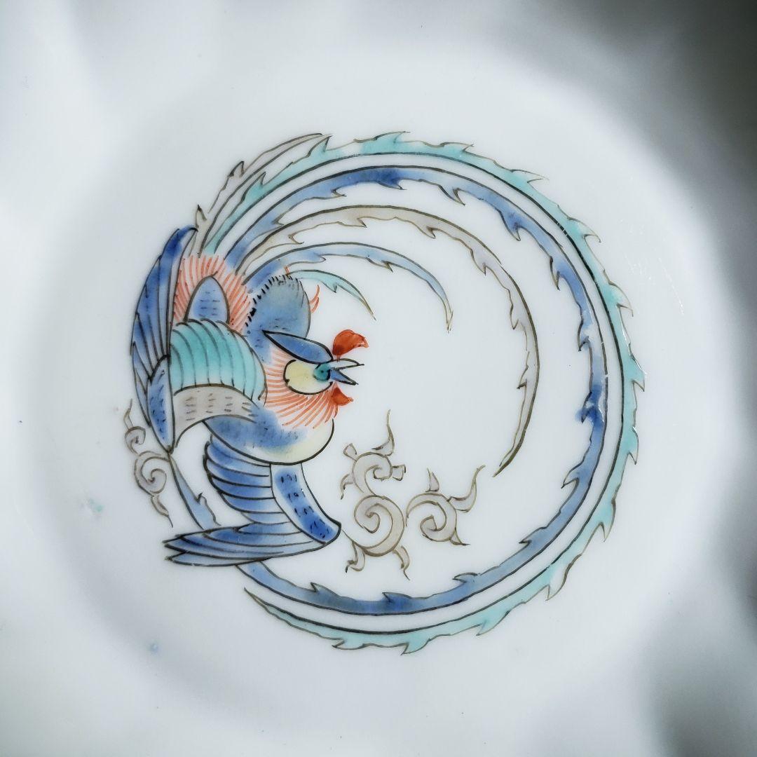色絵付　皿　鳳凰　ねじり花弁縁　古伊万里　花文　唐草　銘　窯傷　イ号