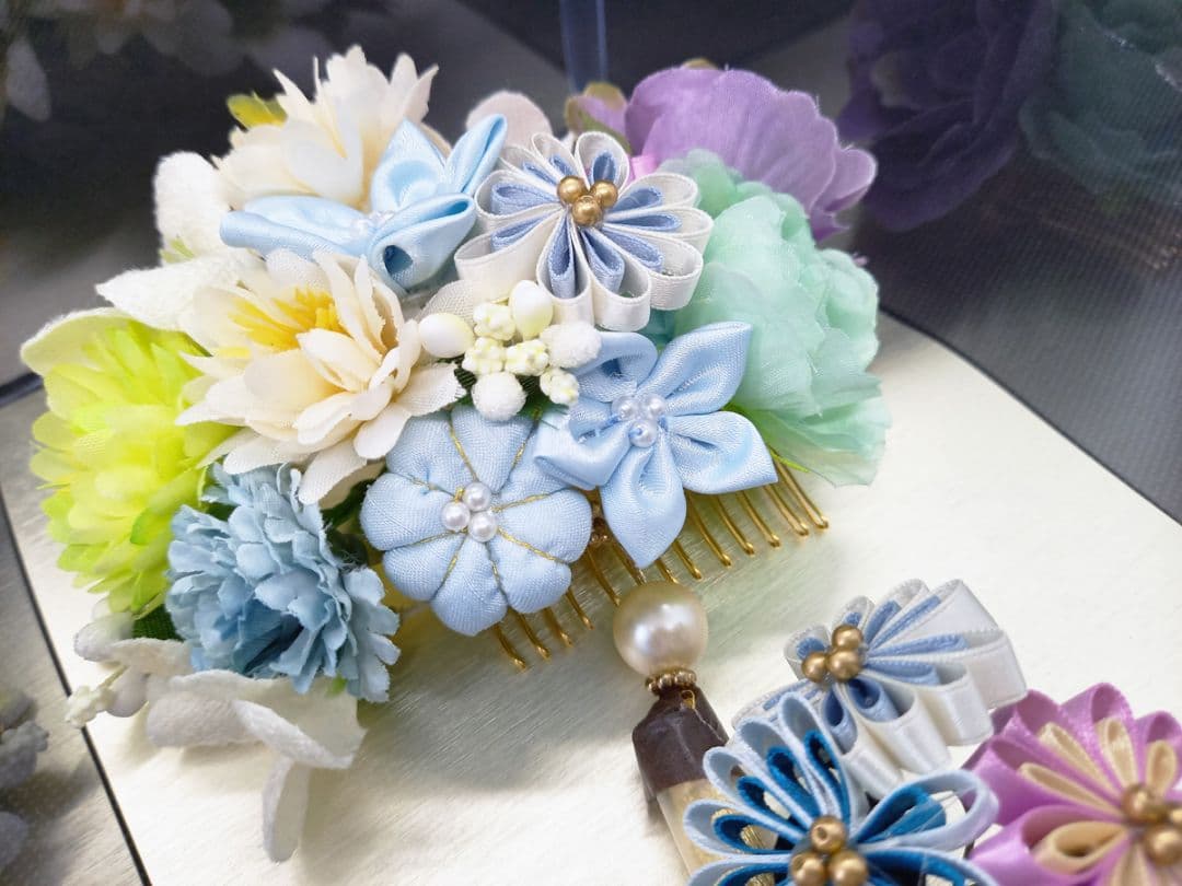 成人式つまみ細工セット　コームタイプ ブルー 髪飾り 振袖 着物 かんざし 和装
