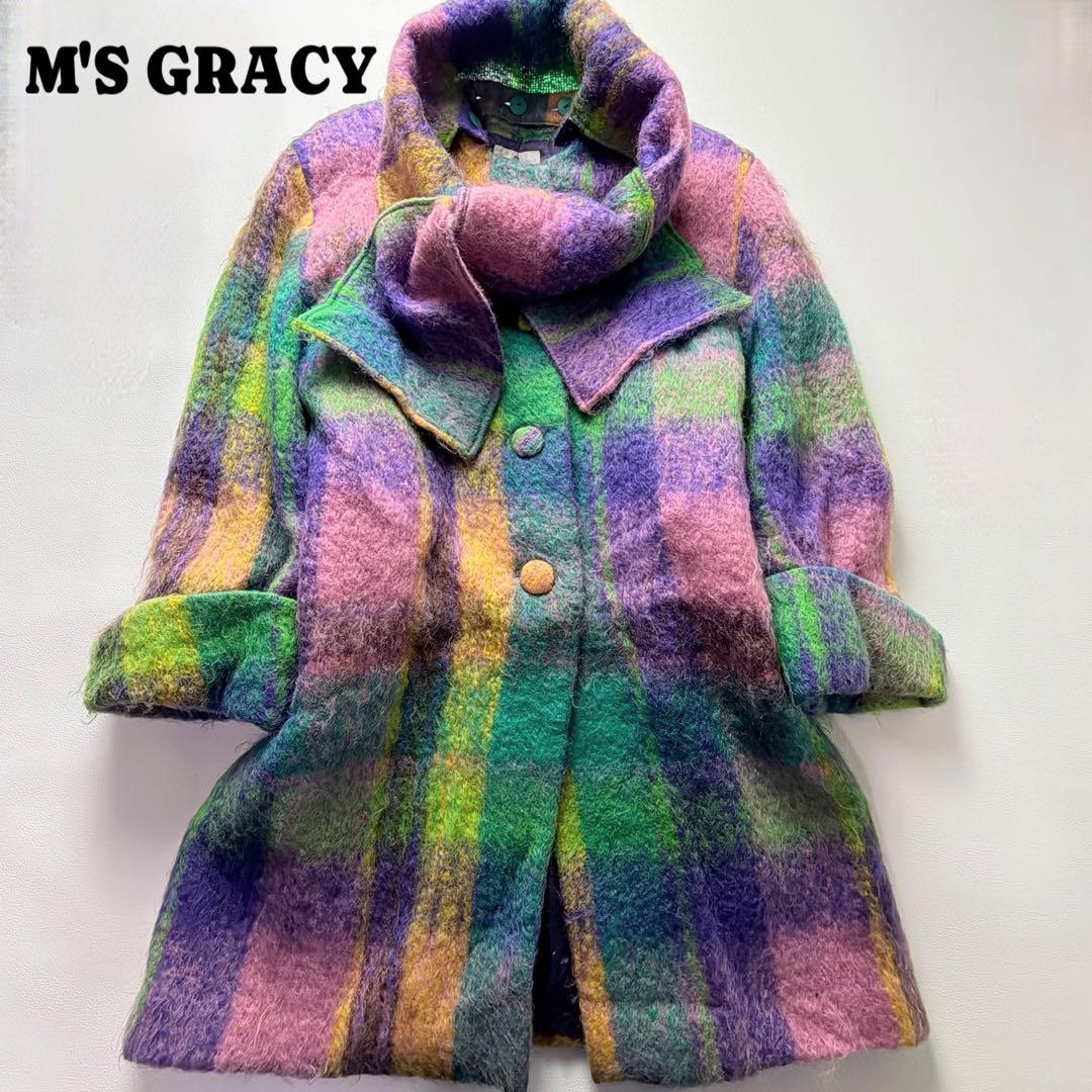 希少品! エムズグレイシー シャギーチェックコート くるみボタン マフラー付