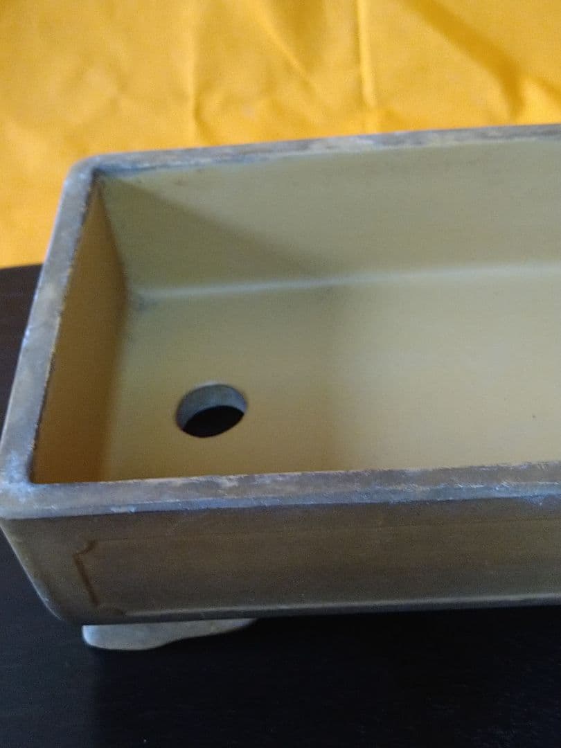 盆栽鉢　盆栽小品鉢　落款有り 黄泥？切立額面長方鉢