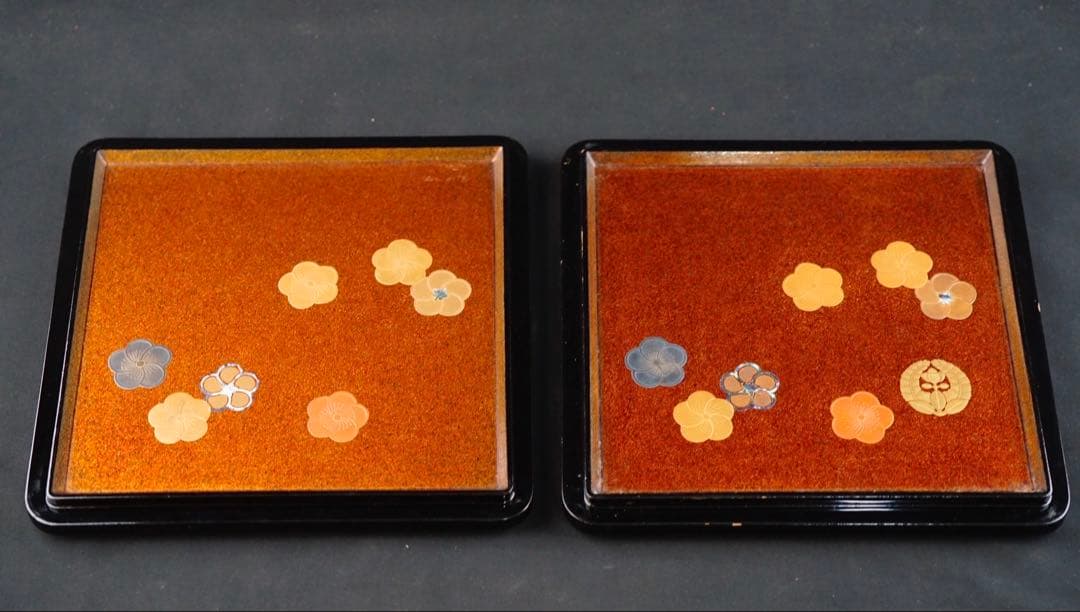 時代 竹梅蒔絵 家紋 内梨地 五段重箱 二枚蓋 螺鈿細工 青貝 木製 / 輪島塗