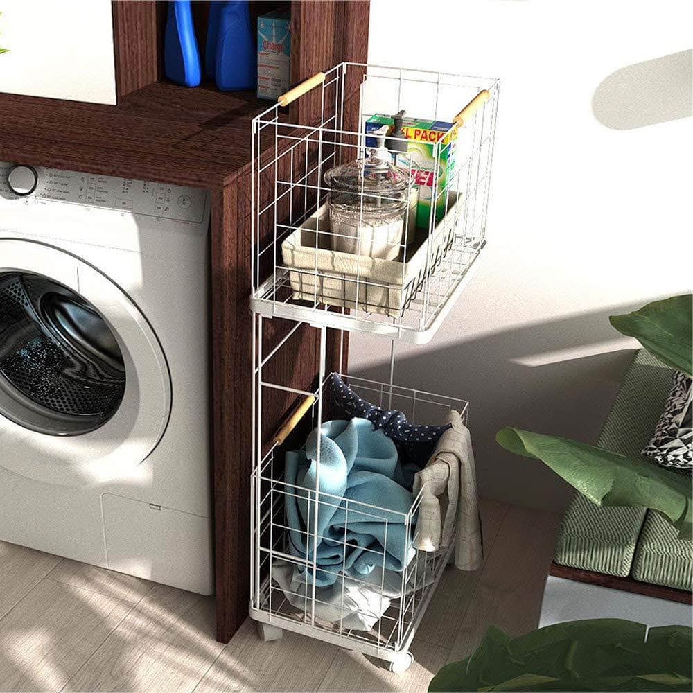 洗濯かご 2段 キャスター隙間収納 折りたたみ式 ランドリーワゴン