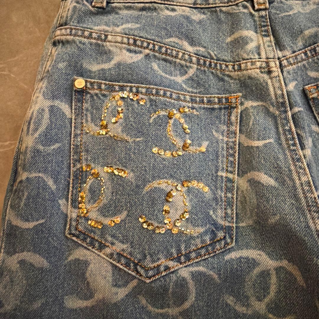 CHANEL ワイドデニムパンツ ロゴ 36 ウエスト滑り止め加工付き丈詰め