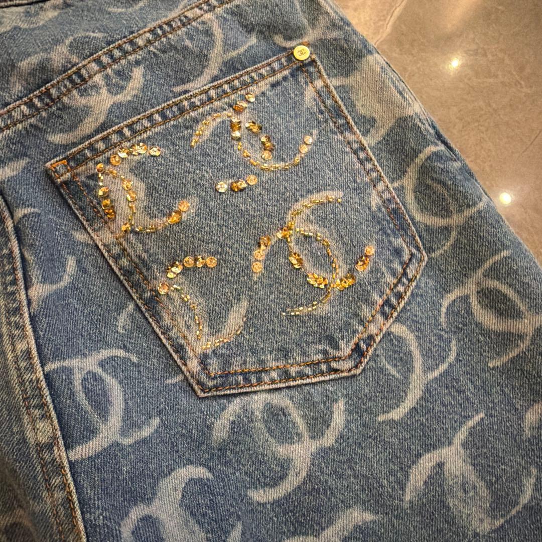 CHANEL ワイドデニムパンツ ロゴ 36 ウエスト滑り止め加工付き丈詰め