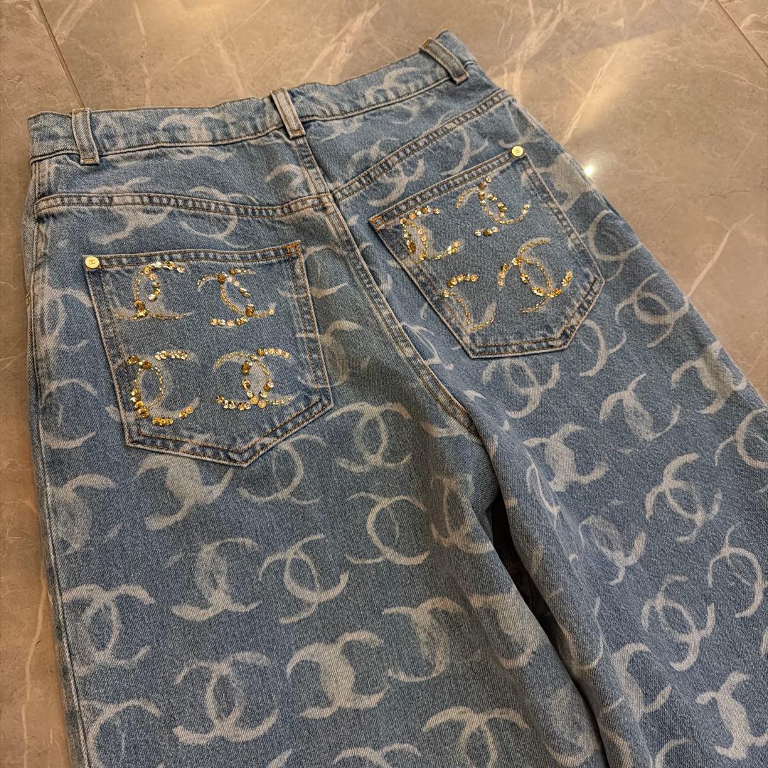 CHANEL ワイドデニムパンツ ロゴ 36 ウエスト滑り止め加工付き丈詰め