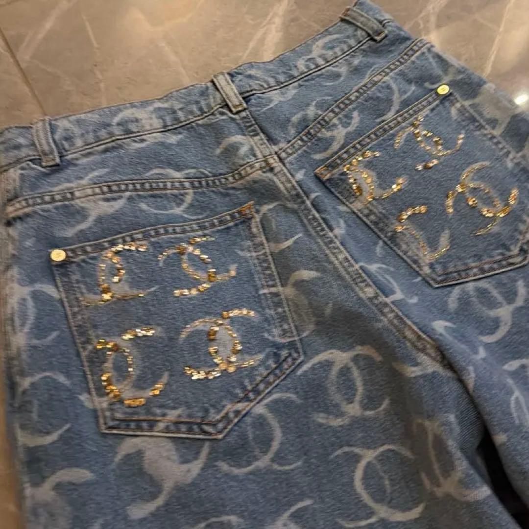 CHANEL ワイドデニムパンツ ロゴ 36 ウエスト滑り止め加工付き丈詰め