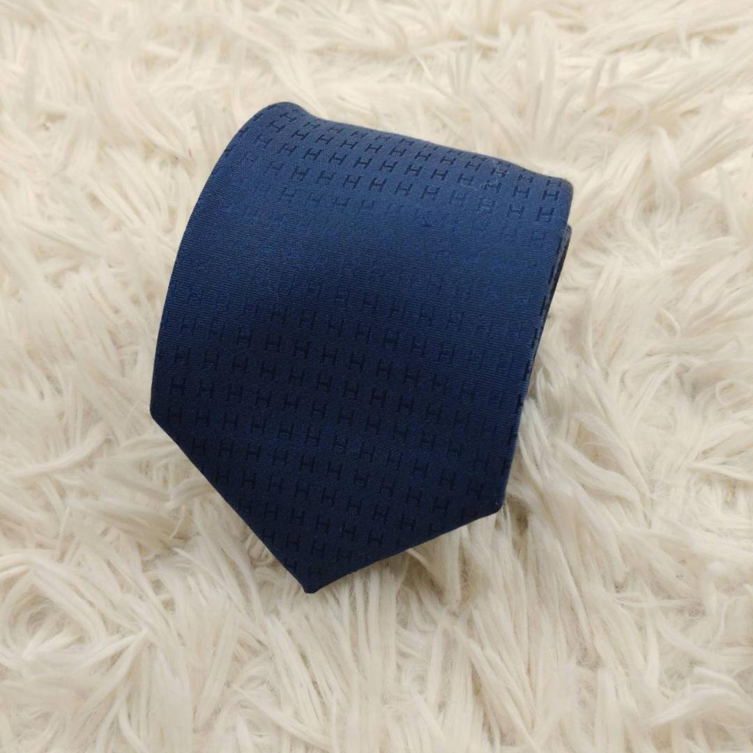 【美品】 エルメス 高級シルクネクタイ ファソネ柄 ネイビーブルー