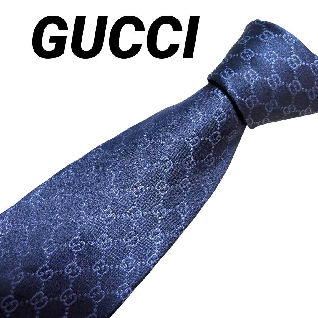 極美品　GUCCI メンズ シルクタイ GGパターン ネイビー 光沢 高級
