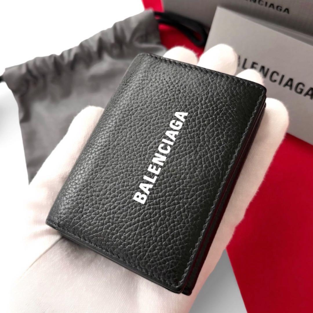 美品✨BALENCIAGAバレンシアガ財布三つ折594312カーフレザーロゴ黒