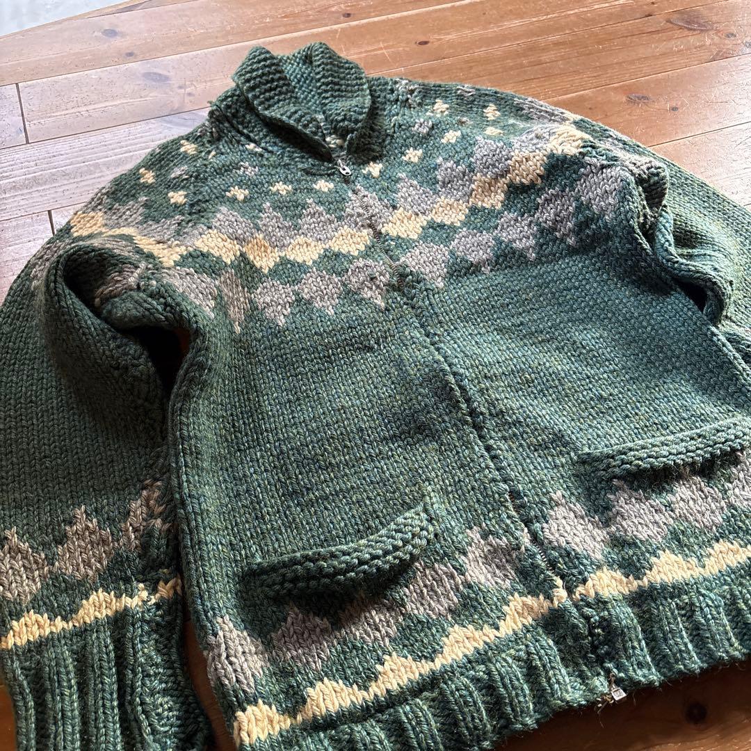 【60sビンテージ】カウチンセーター 緑 メランジ アーガイル 雪 ノルディック