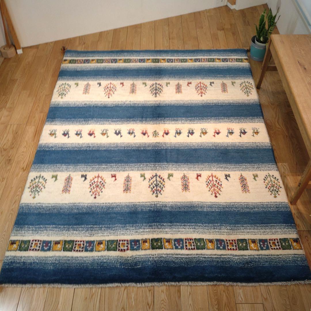 ペルシャ　ギャッベ リビング　205×160 青　ラクダ　生命の木