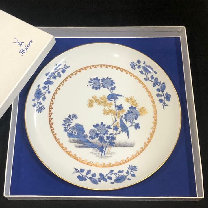 Meisseマイセン/極稀少1級品 化粧箱付「青い鳥と金の竹」28cm飾り皿