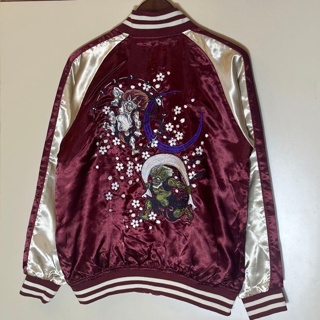 【新品未使用】風神雷神桜刺繍スカジャンワインレッドえんじ金和柄サテンブルゾン