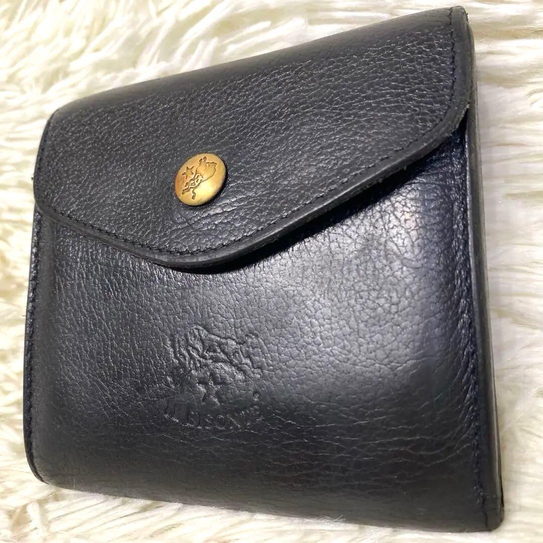 【美品✨】IL BISONTE レザー ダブルフラップ 3つ折り財布 ネイビー
