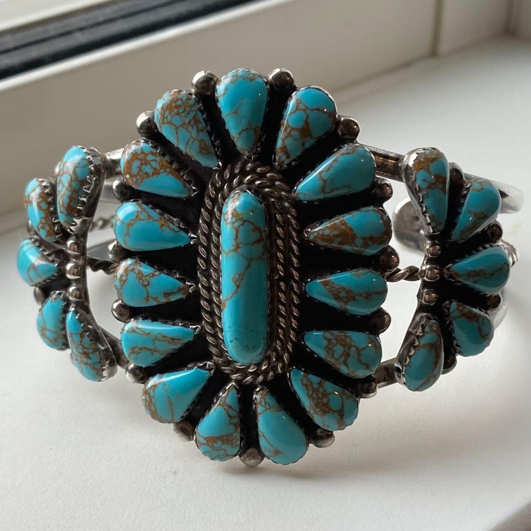 スターリングシルバー ナバホ族 ターコイズ フラワー クラスター バングル