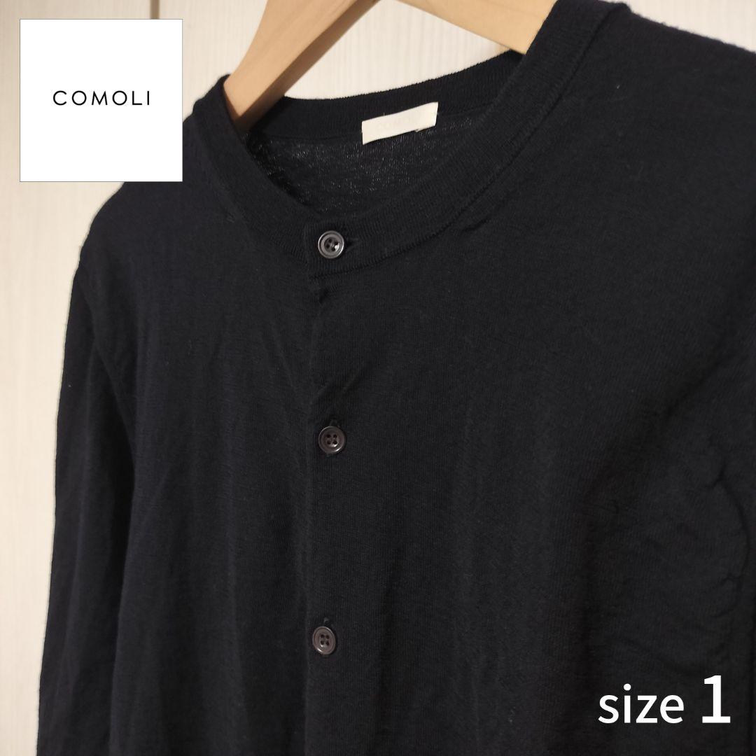 COMOLI 18G ウール クルーネック カーディガン ネイビー 1