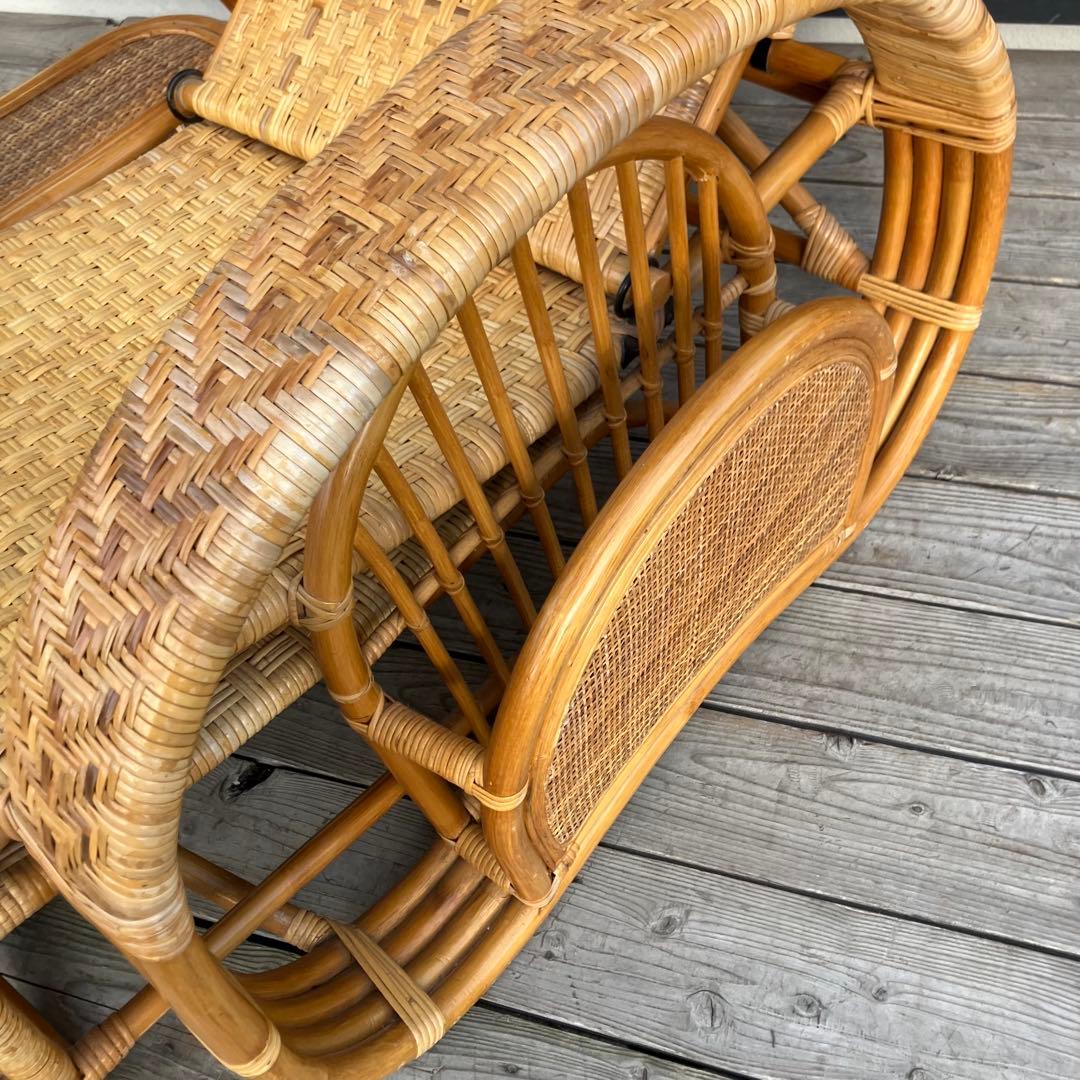 昭和レトロ ラタンリクライニングチェア オットマン付き 籐家具 1人掛けソファー