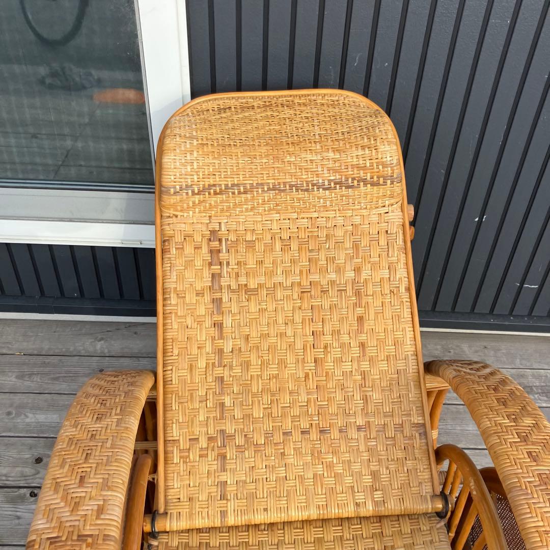 昭和レトロ ラタンリクライニングチェア オットマン付き 籐家具 1人掛けソファー