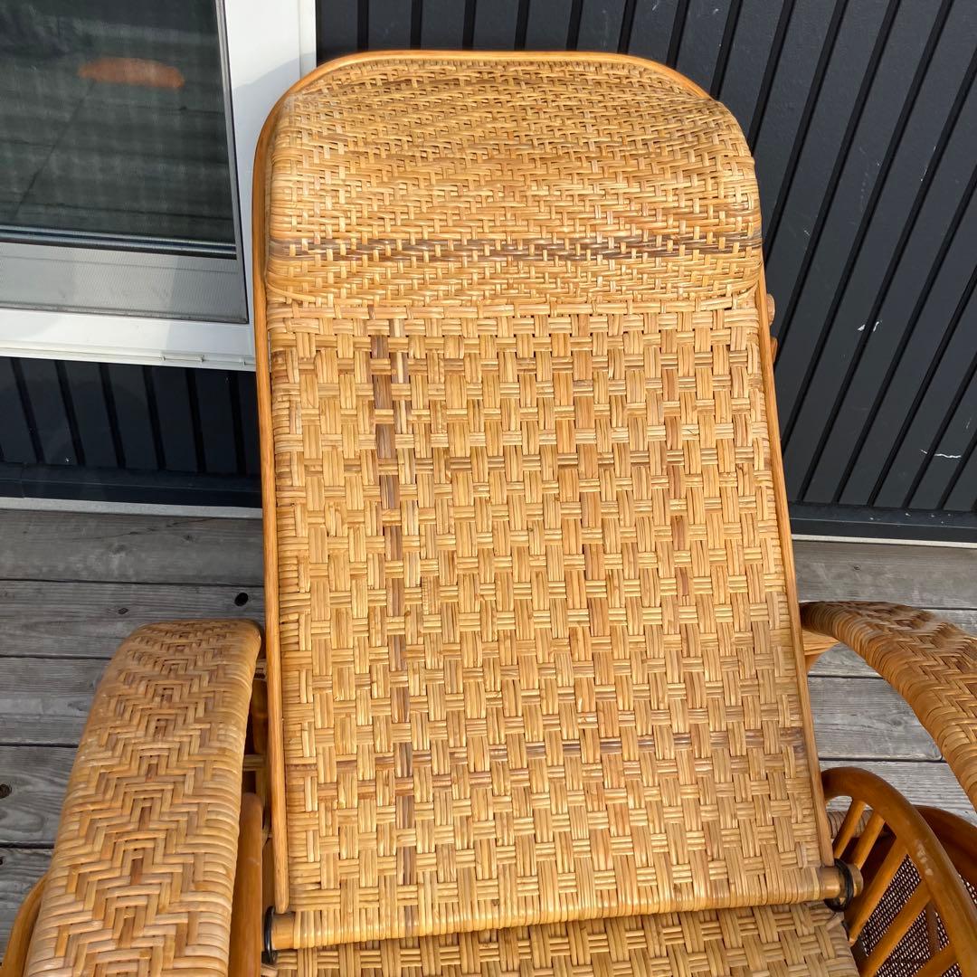 昭和レトロ ラタンリクライニングチェア オットマン付き 籐家具 1人掛けソファー