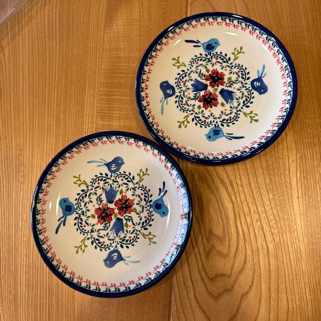 ポーランド食器　青い鳥と花模様の皿2枚セット