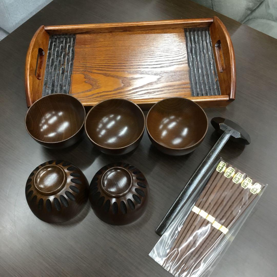 山崎又一商店　ノミ彫長手盆付汁椀　天然木　鉄木白づくり　お盆　お椀　漆器