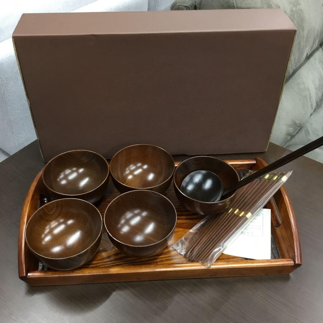 山崎又一商店　ノミ彫長手盆付汁椀　天然木　鉄木白づくり　お盆　お椀　漆器