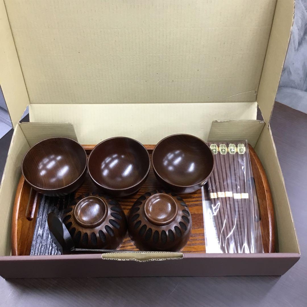 山崎又一商店　ノミ彫長手盆付汁椀　天然木　鉄木白づくり　お盆　お椀　漆器