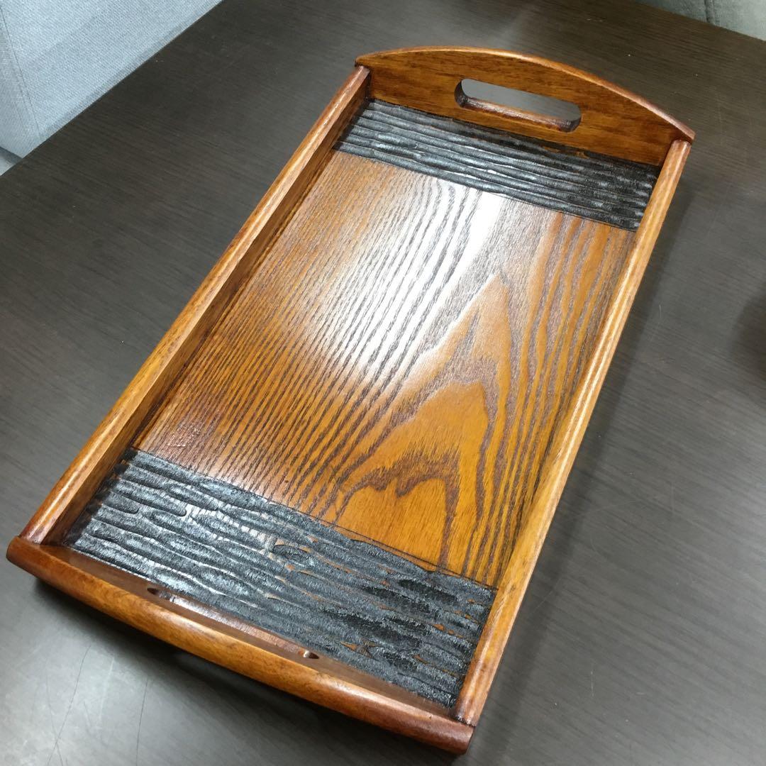 山崎又一商店　ノミ彫長手盆付汁椀　天然木　鉄木白づくり　お盆　お椀　漆器