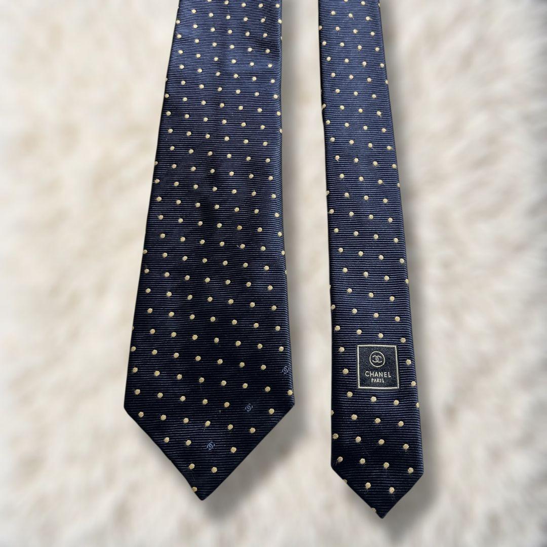 【美品✨】現行 シャネル ドット柄 ココマーク 黒チェーン 濃紺薄黄 ジャガード