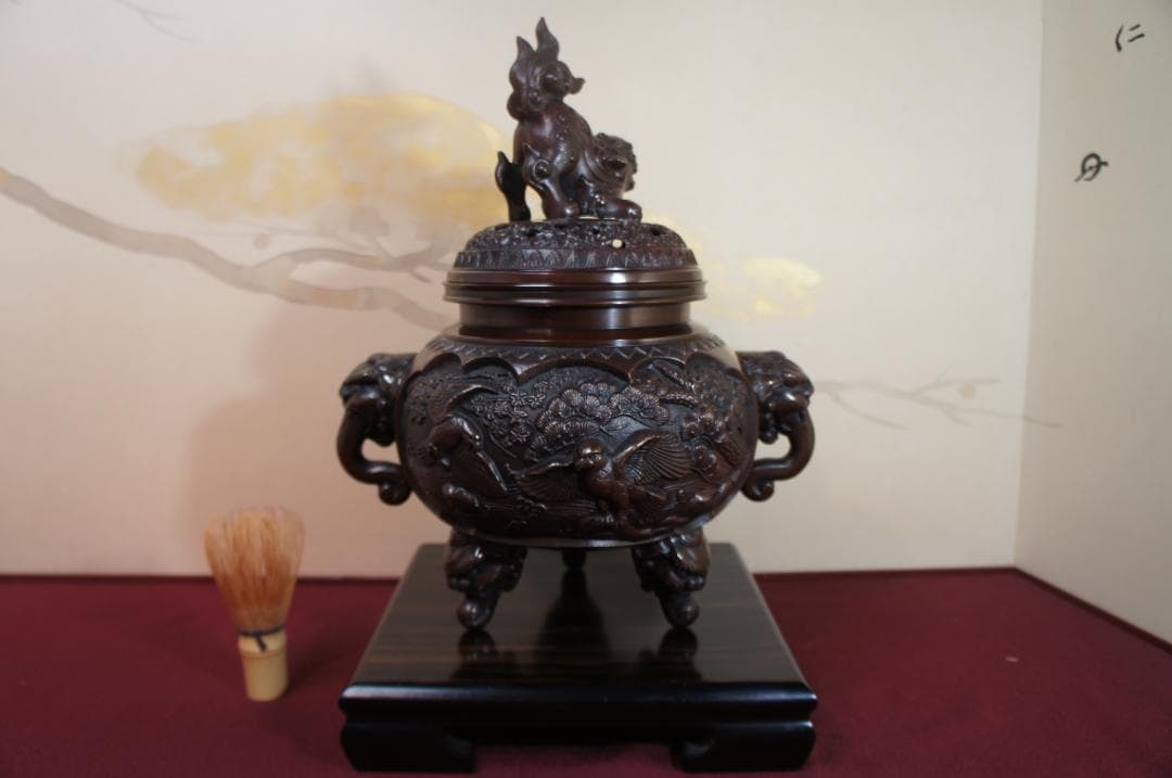 専用★美品 高岡銅器 瑞峰作 新特大 花鳥 高級銅製香炉工芸作家造 送料込み