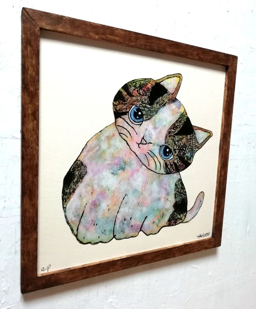 額付き銅版画応用絵画　title「よりそい猫」