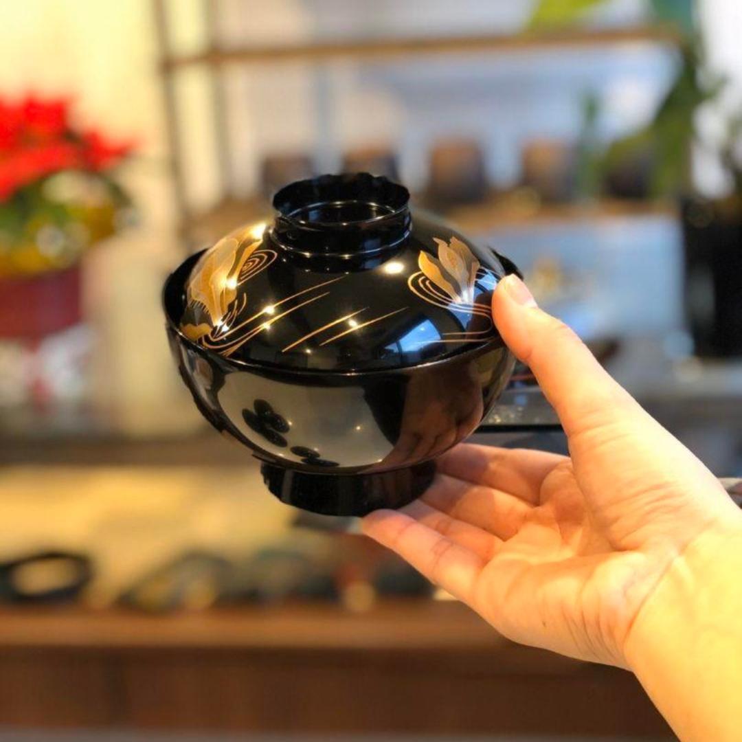 【訳あり】木製漆塗　水芭蕉磨き蒔絵吸い物椀　黒　５客組