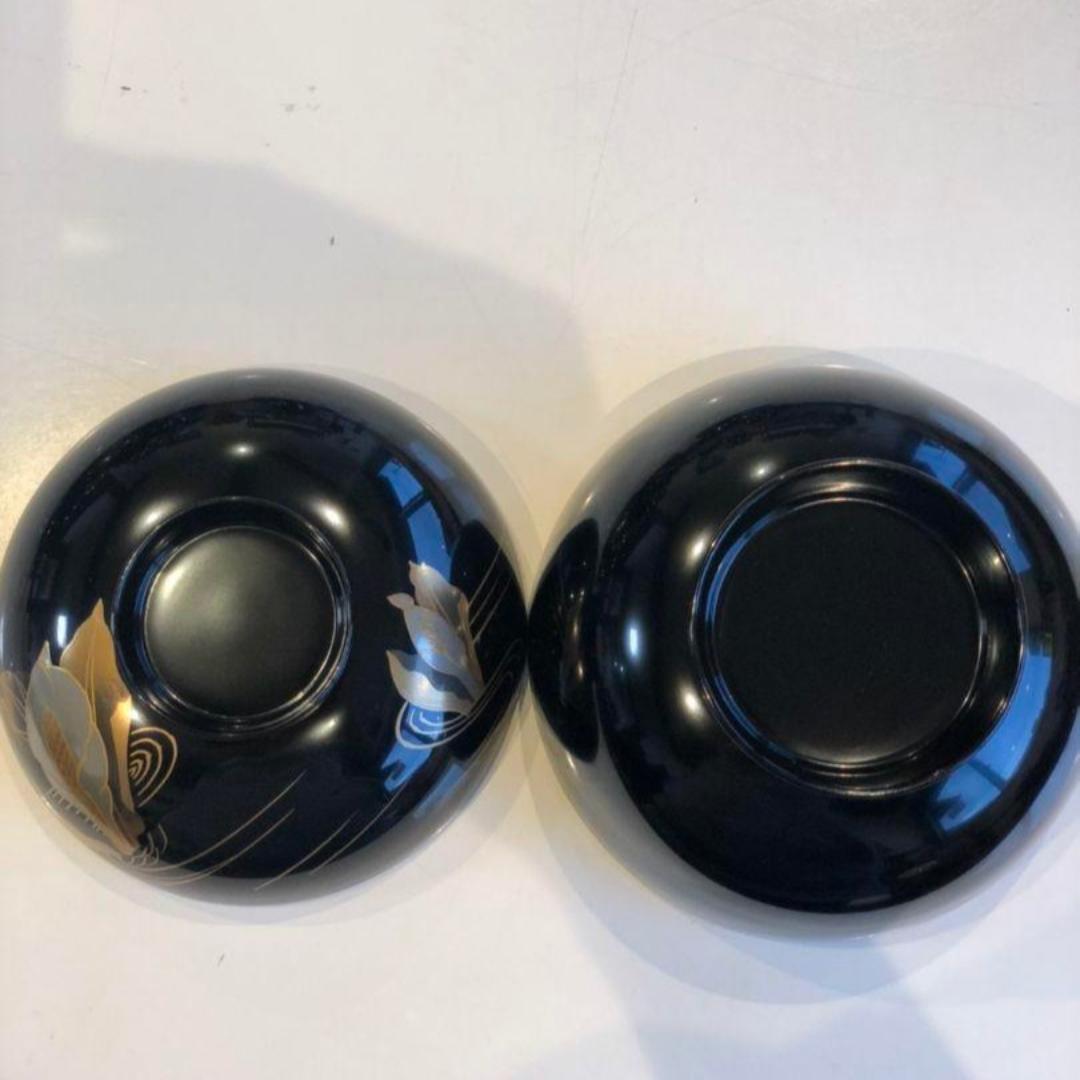 【訳あり】木製漆塗　水芭蕉磨き蒔絵吸い物椀　黒　５客組