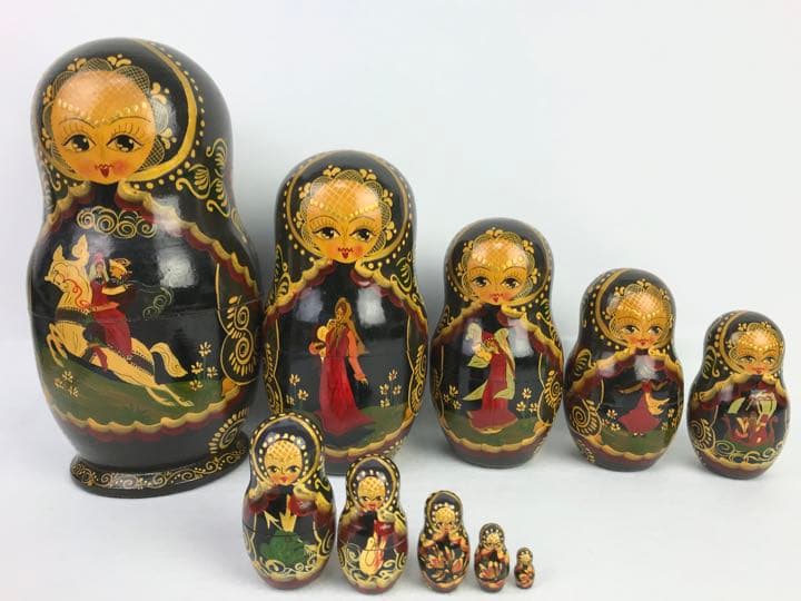 大きなマトリョーシカ人形① 10体セット　ロシア　レトロ　黒