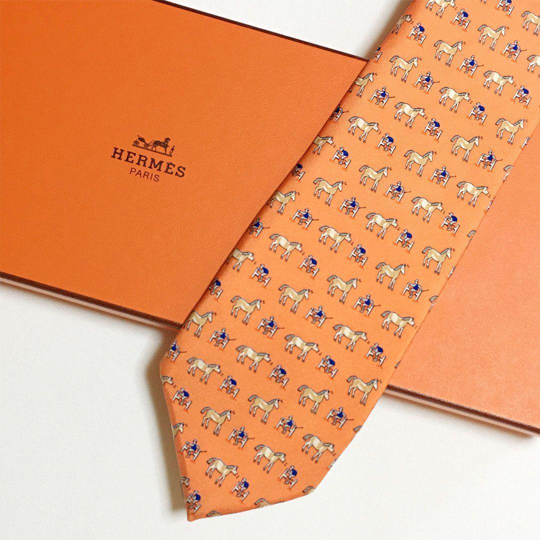 未使用級 エルメス HERMES ネクタイ シルク オレンジ アニマル柄 ホース