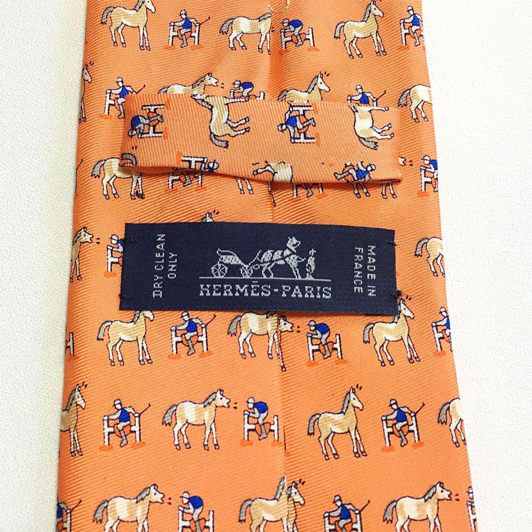 未使用級 エルメス HERMES ネクタイ シルク オレンジ アニマル柄 ホース