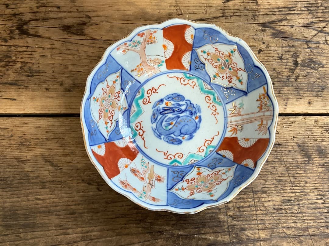 能登蔵出し 時代物 色絵 金彩 クルス窓絵文 輪花 大なます皿 2客/深皿