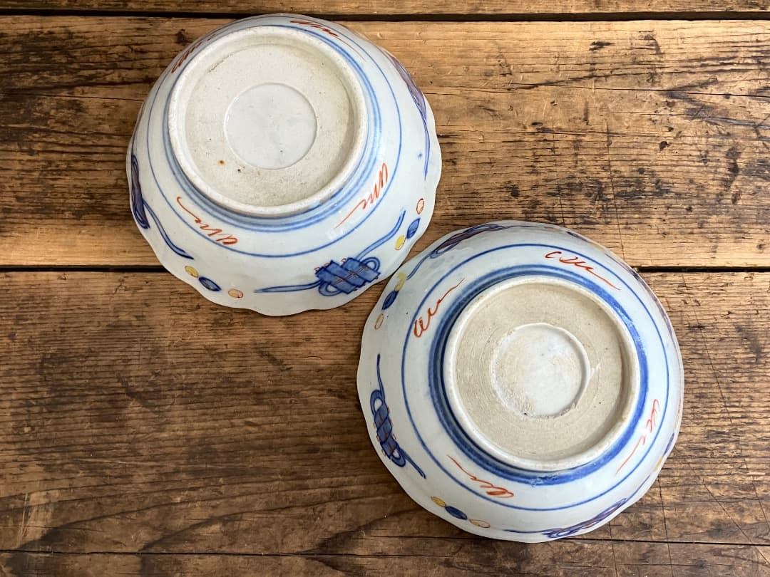 能登蔵出し 時代物 色絵 金彩 クルス窓絵文 輪花 大なます皿 2客/深皿