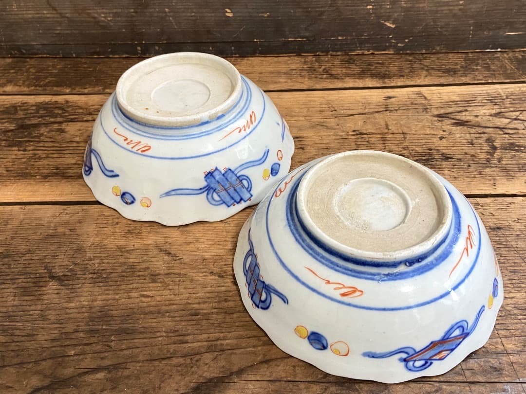 能登蔵出し 時代物 色絵 金彩 クルス窓絵文 輪花 大なます皿 2客/深皿